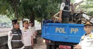 Petugas Gabungan Angkut Lapak PKL Liar di Kembangan Jakarta Barat