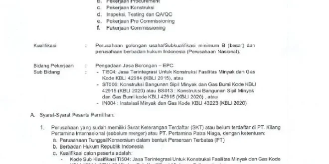 PT Pertamina Patra Niaga RU Cilacap Buka Tender Penggantian Column Assy 11C-1: Proses yang Perlu Diketahui